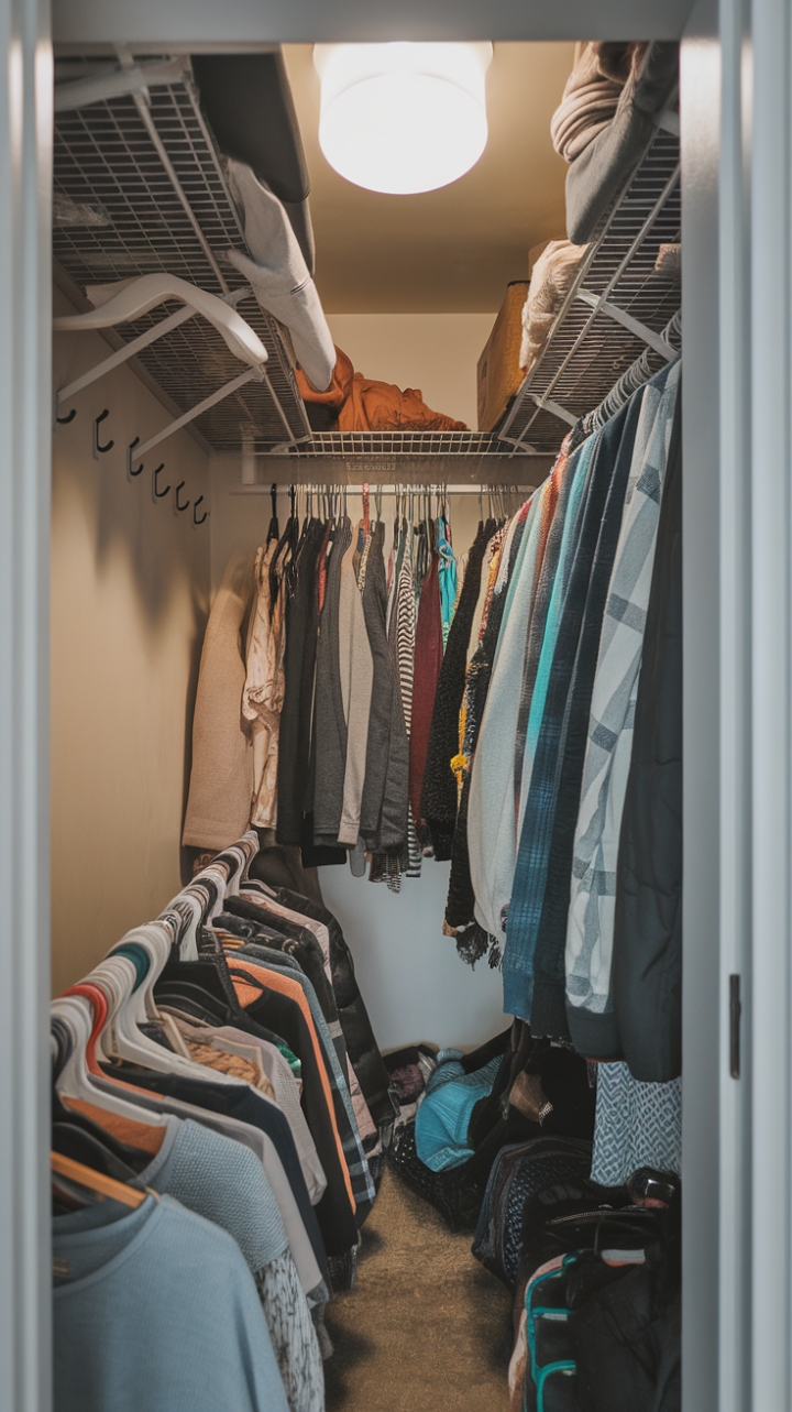 Compact Charm: Efficient Storage with Wall Hooks and Warm Ambiance