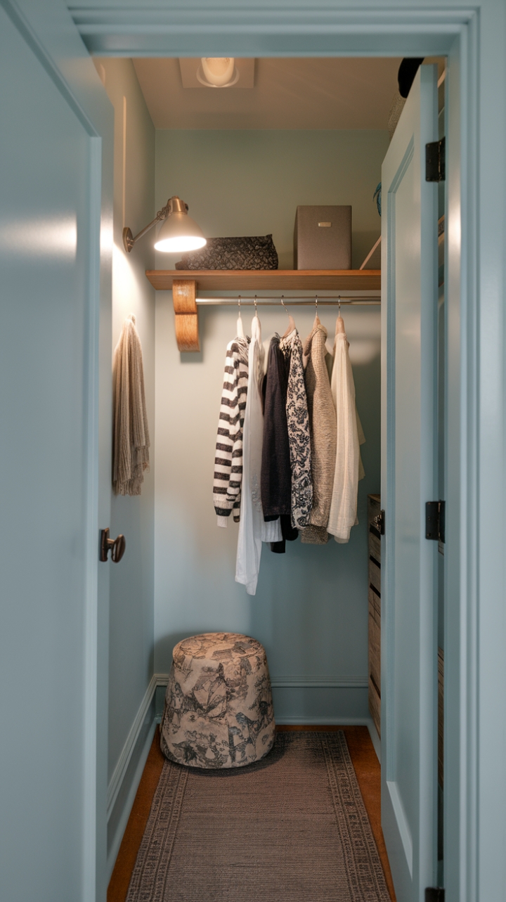 Inviting Small Closet with Wooden Shelf and Soft Accents