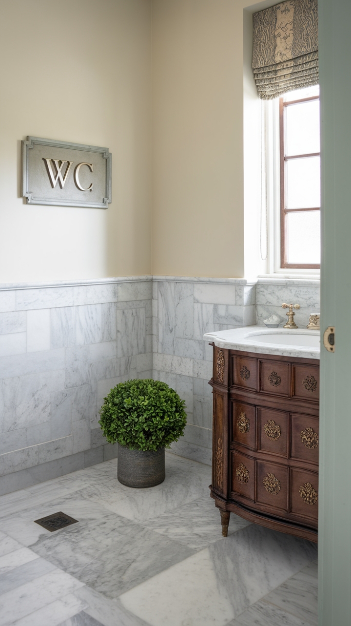 Charming Powder Room with Marble Floor and Cozy Details