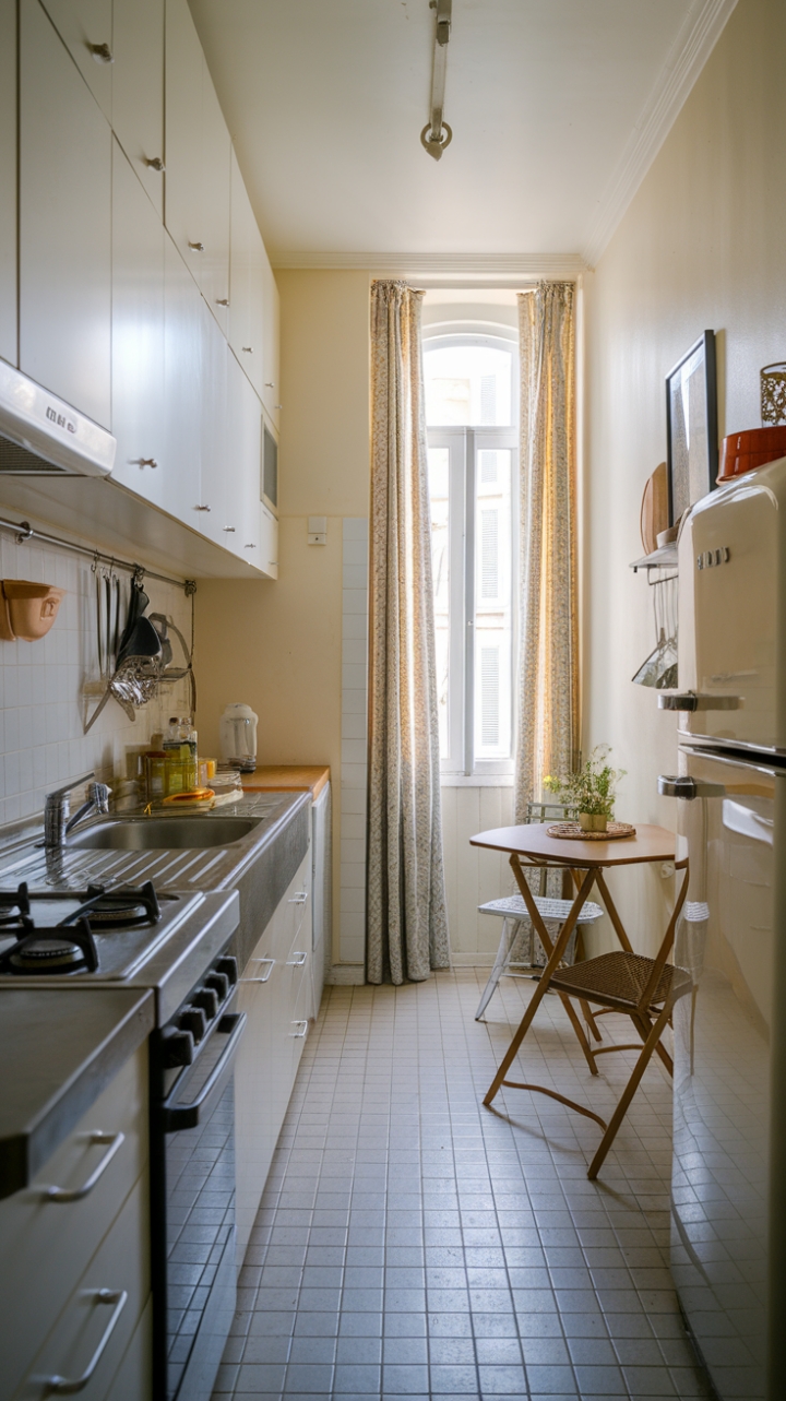 Efficient Space-Saving Kitchen with White Cabinets and Tiled Floor