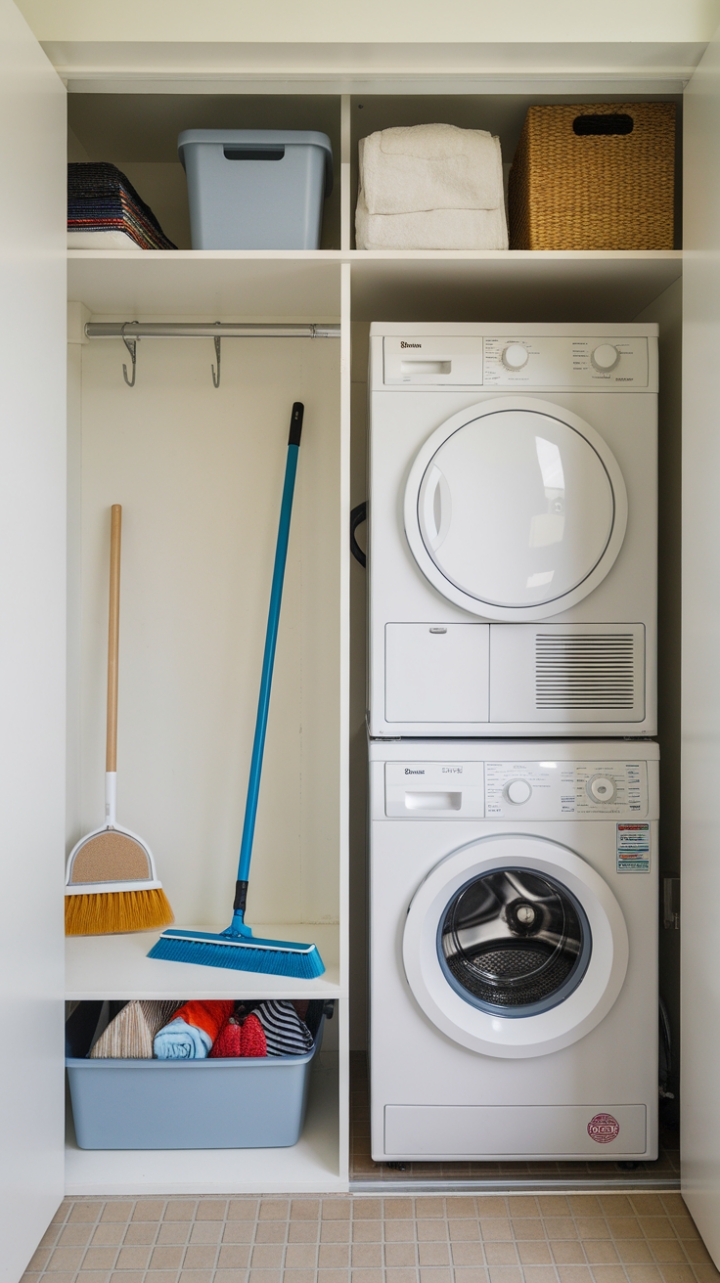 Efficient Laundry Nook with Stackable Units and Storage
