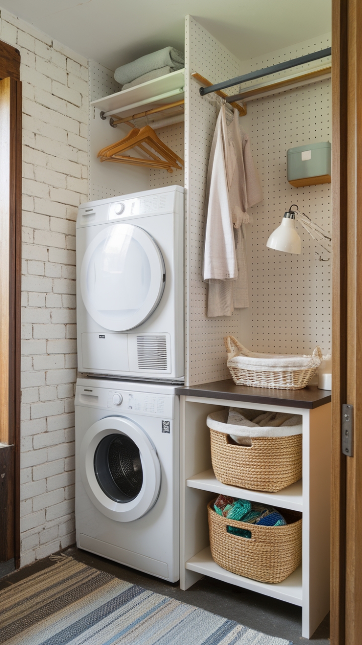 Cozy and Functional Compact Laundry Space with Vertical Storage and Textural Details