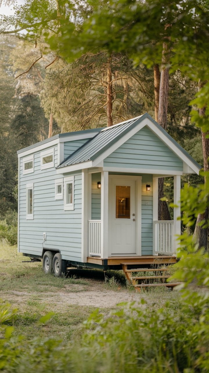 Tranquil Forest Retreat in a Charming Blue Tiny House