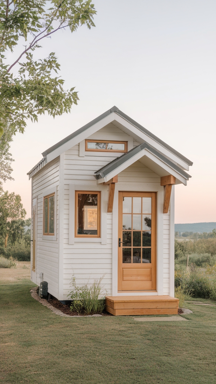 Charming White Tiny House with Wooden Accents in Nature