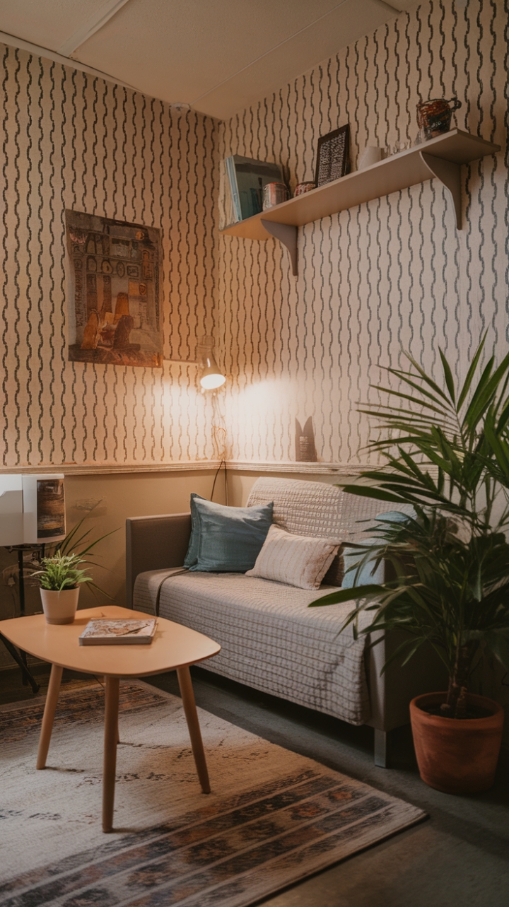 Stylish Small Living Space with Patterned Wallpaper and Cozy Accents