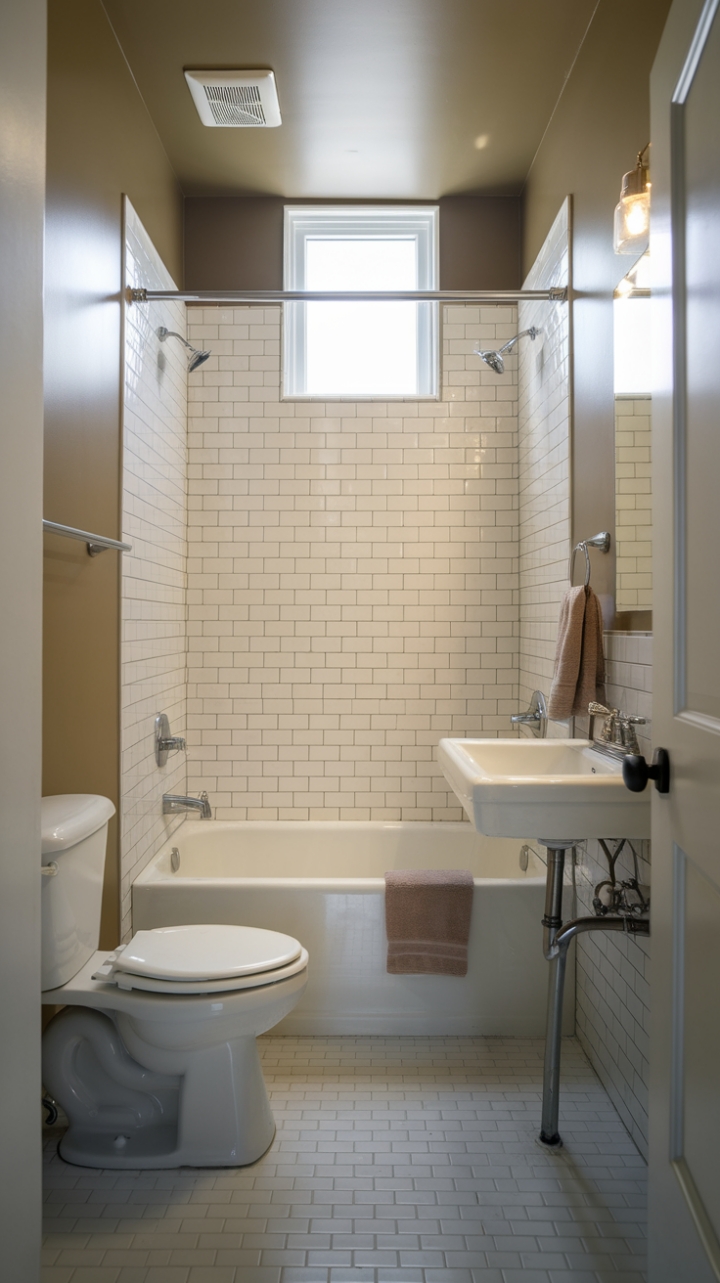 Streamlined Compact Bathroom with Beige Walls and Ceiling Window