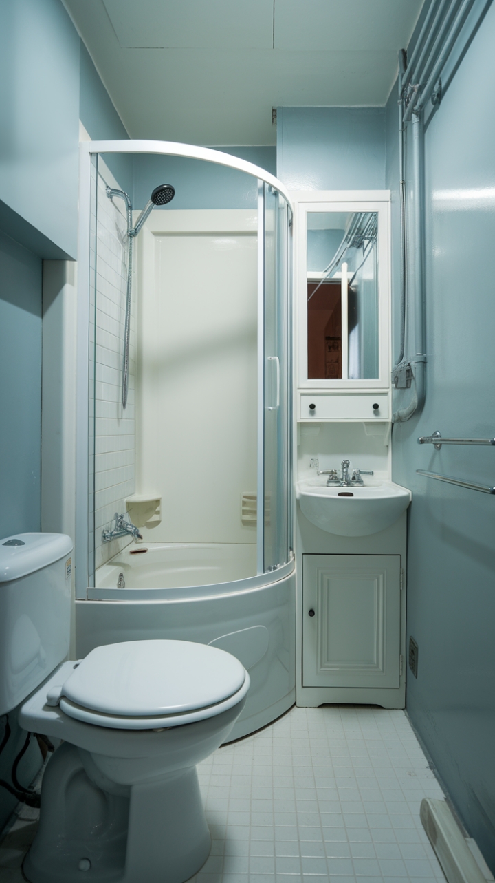 Compact Elegance: Streamlined Fixtures and Serene Colors