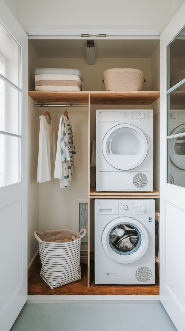 Bright and Organized Laundry Space with Wooden Shelf and Functional Details