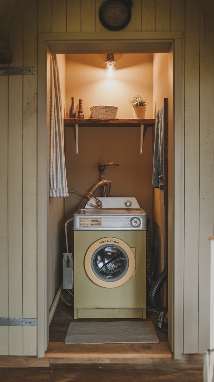 Warm Beige and Gray Farmhouse Utility Space with Vintage Washer and Wooden Shelving
