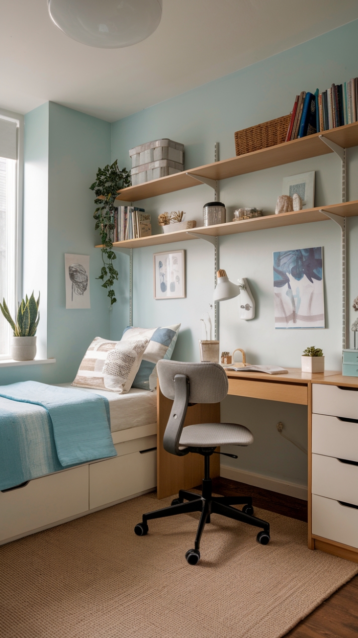 Cozy Blue Teen Retreat with Thoughtful Furniture Arrangement