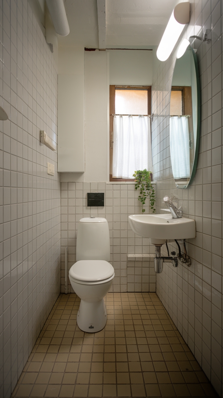 Minimalist White Bathroom Enhanced by Greenery and Soft Natural Light