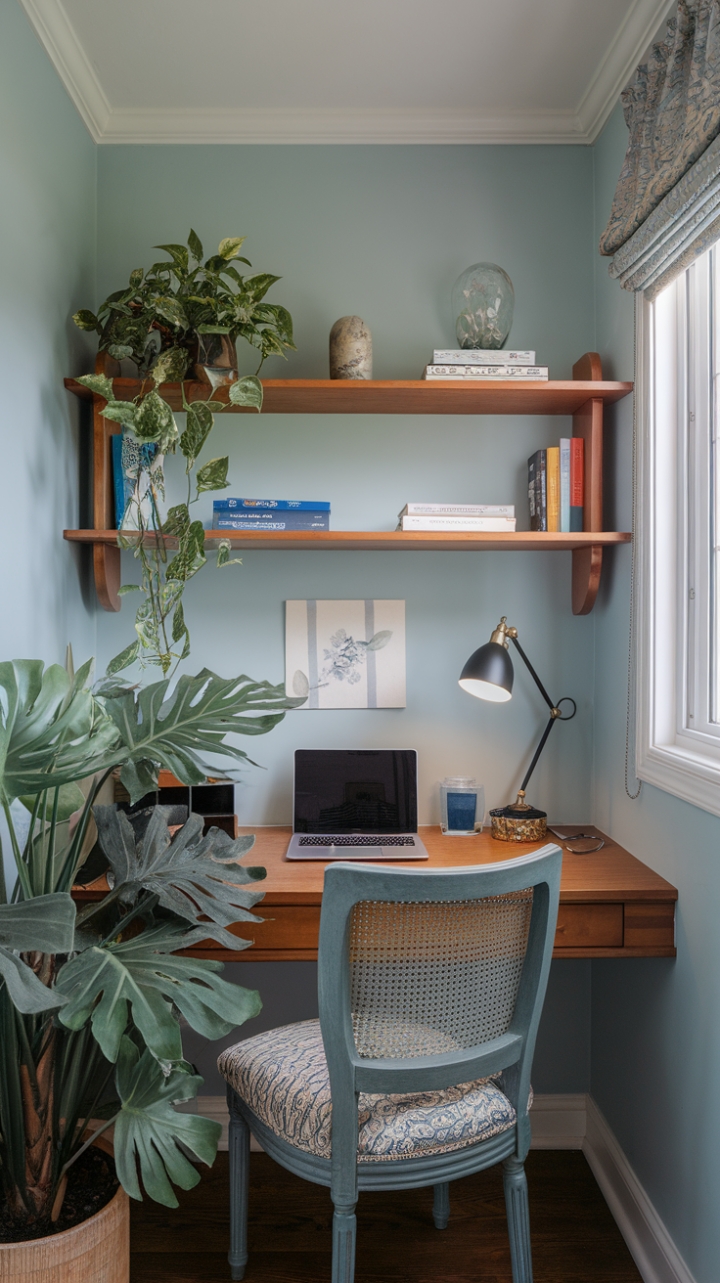 Serene Study Nook: A Cozy Corner with Blue Walls and Natural Accents