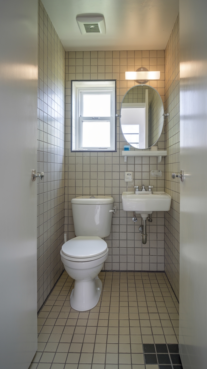 Elegant Small Bathroom with White Fixtures and Tiled Floor
