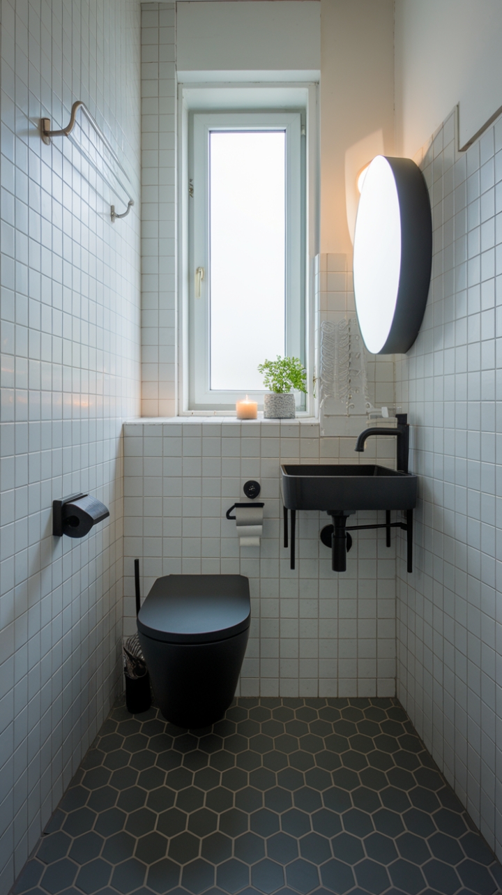 Modern Minimalism: A Compact Bathroom with Bold Black Fixtures