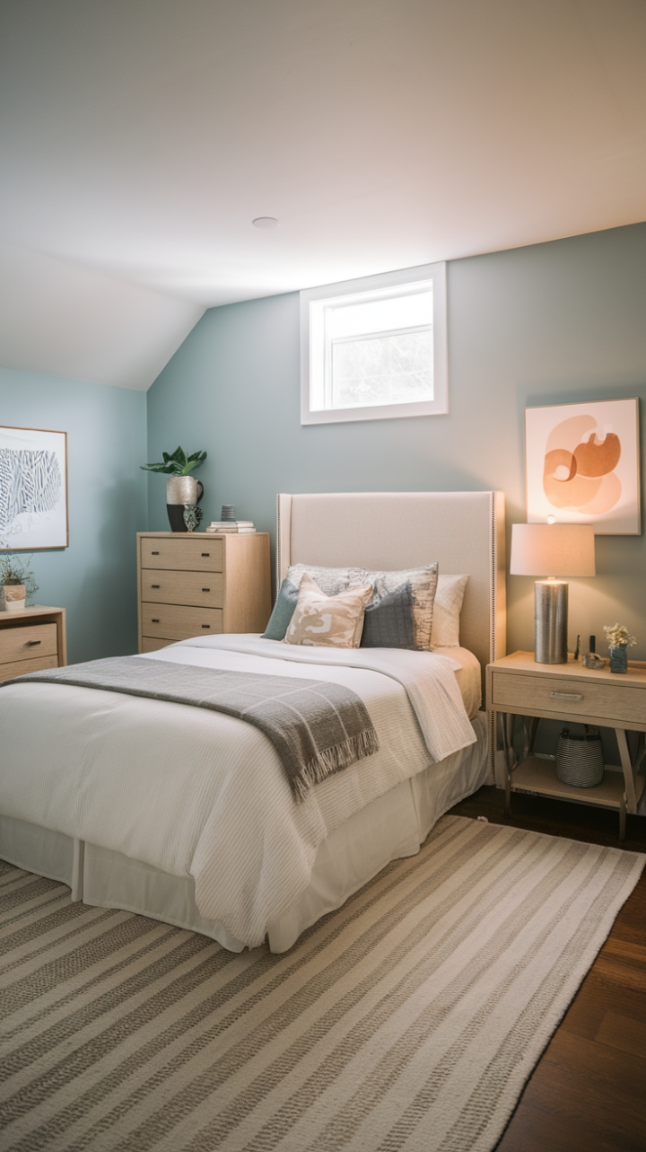 Charming Compact Master Suite with Tranquil Blue and Beige Accents