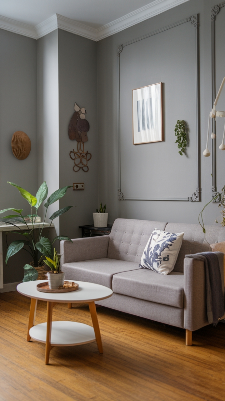 Elegant Grey Tones and Natural Warmth in a Compact Living Room