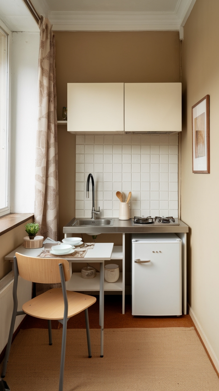 Charming Compact Kitchen with Neutral Tones and Bright Atmosphere