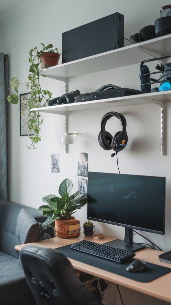 Dual-Purpose Game Room with Cozy Lounge and Stylish Workspace