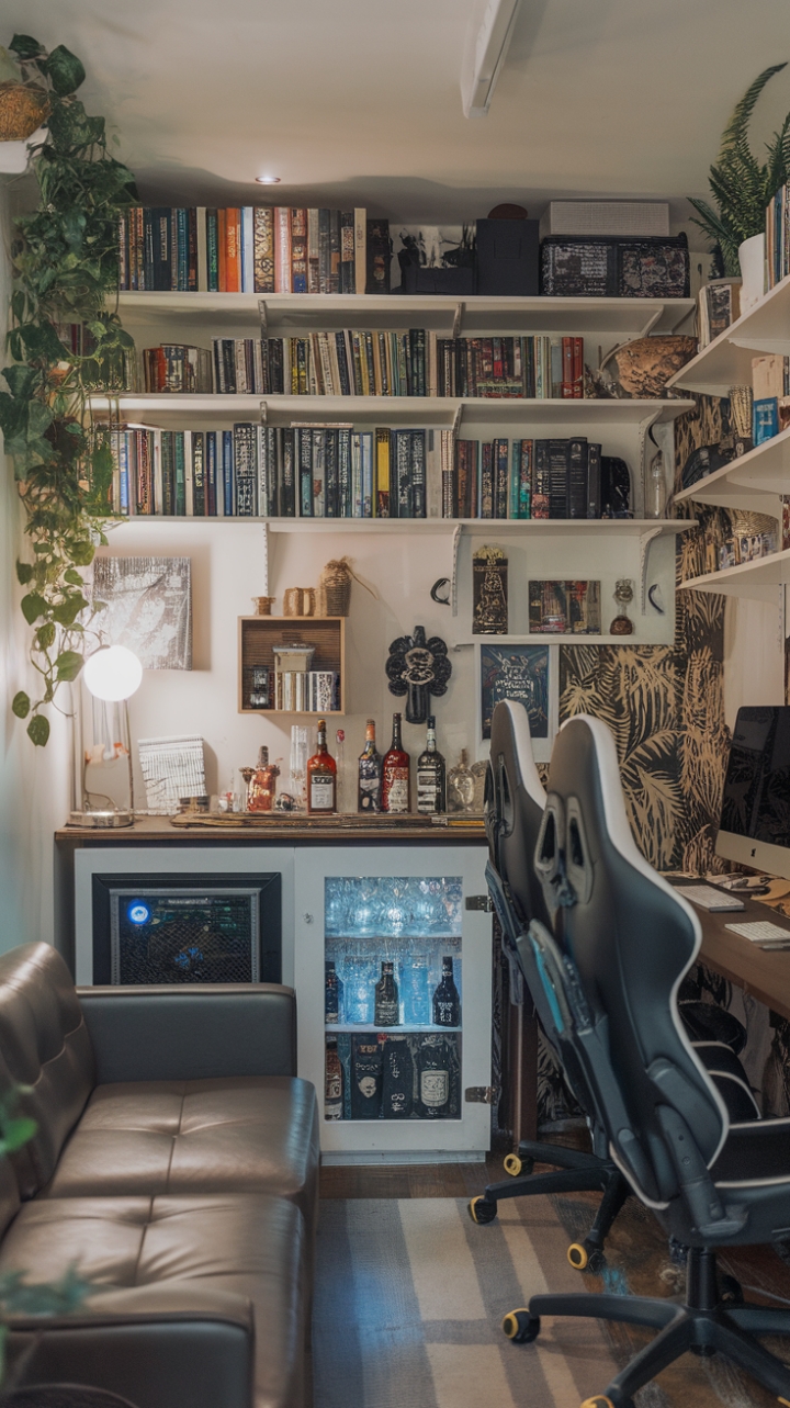 Versatile Entertainment Space with Cozy Seating and Personal Touches