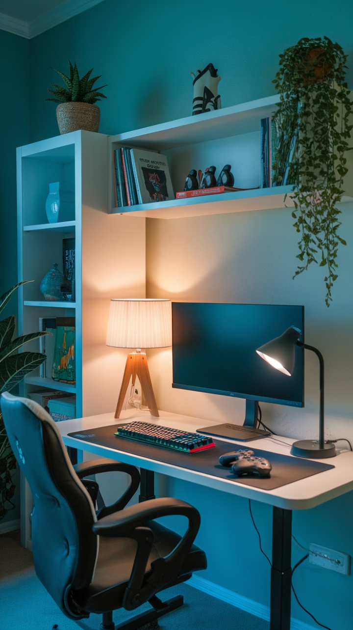 Stylish and Cozy Gaming Nook with Blue Walls and Warm Lighting
