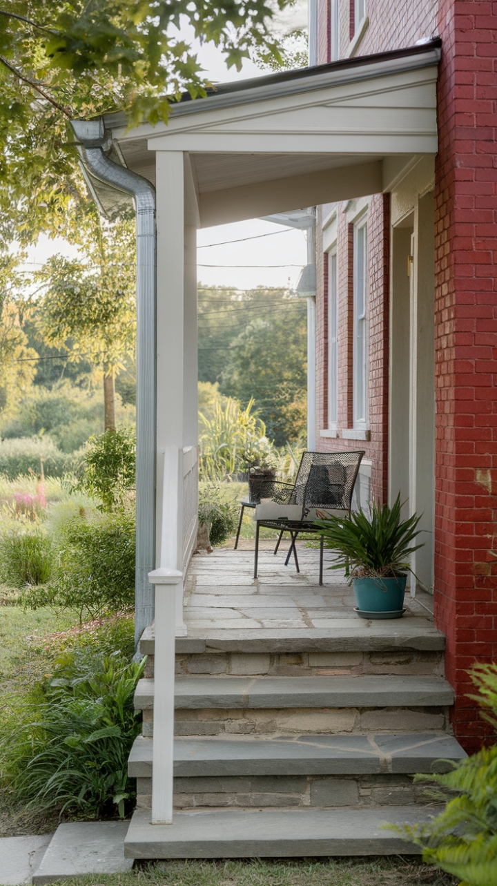 Classic Stone Steps and White Railing Enhance a Welcoming Front Stoop