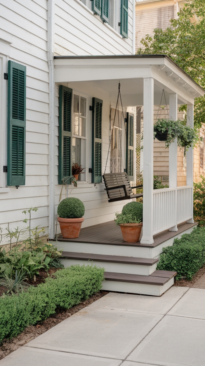 Inviting Entrance Featuring White Railing and Classic Shutters