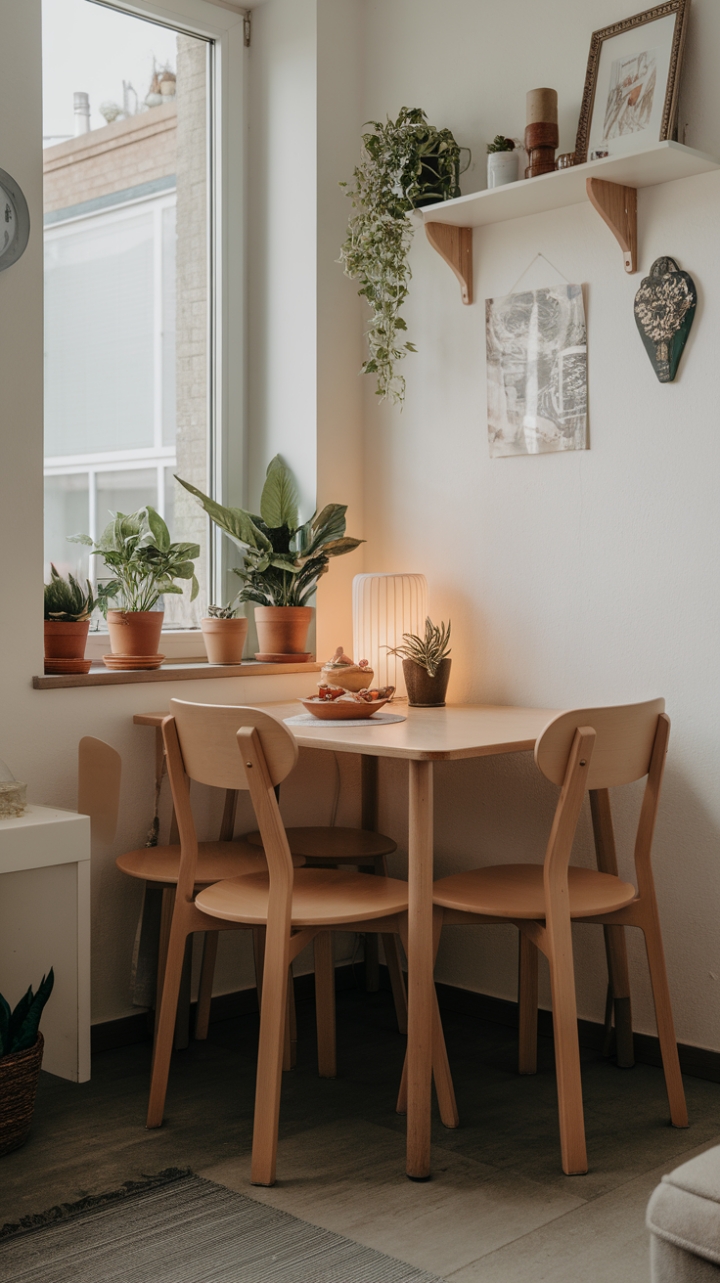 Charming Compact Dining Nook with Warm Wooden Accents