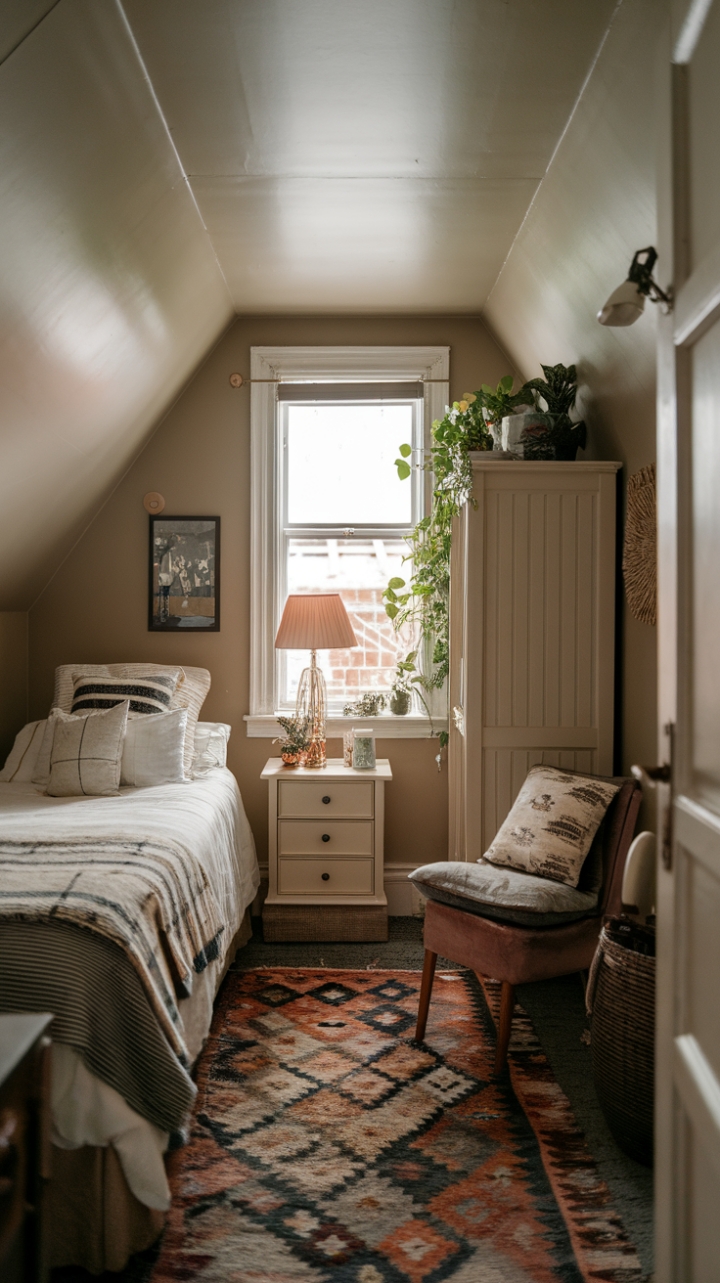 Inviting Small Space with Warm Tones and Green Touches