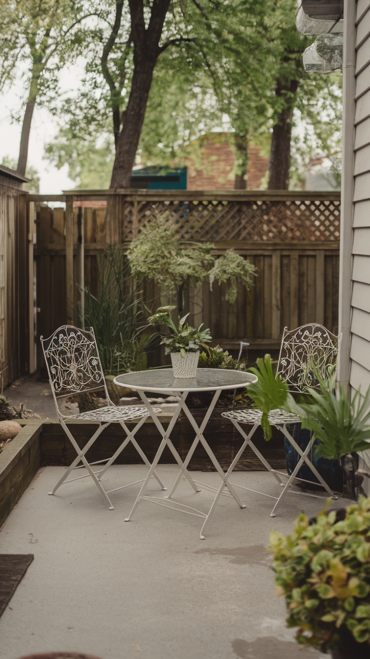 Serene Small Back Patio with White Table and Lush Greenery