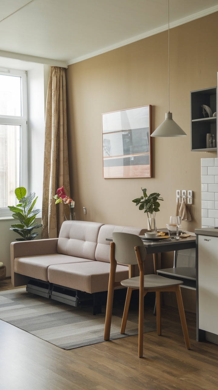 Smart Studio Living: Versatile Sofa & Cozy Design