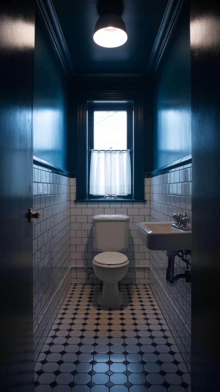 Bold Blue Walls and Monochrome Floor Create Intimate Elegance