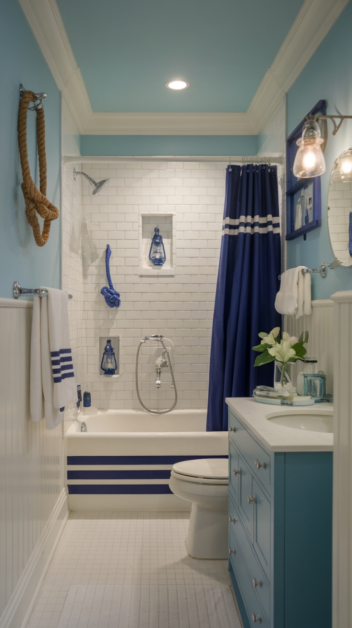 Seaside Serenity: Nautical Blue and White Bathroom Design