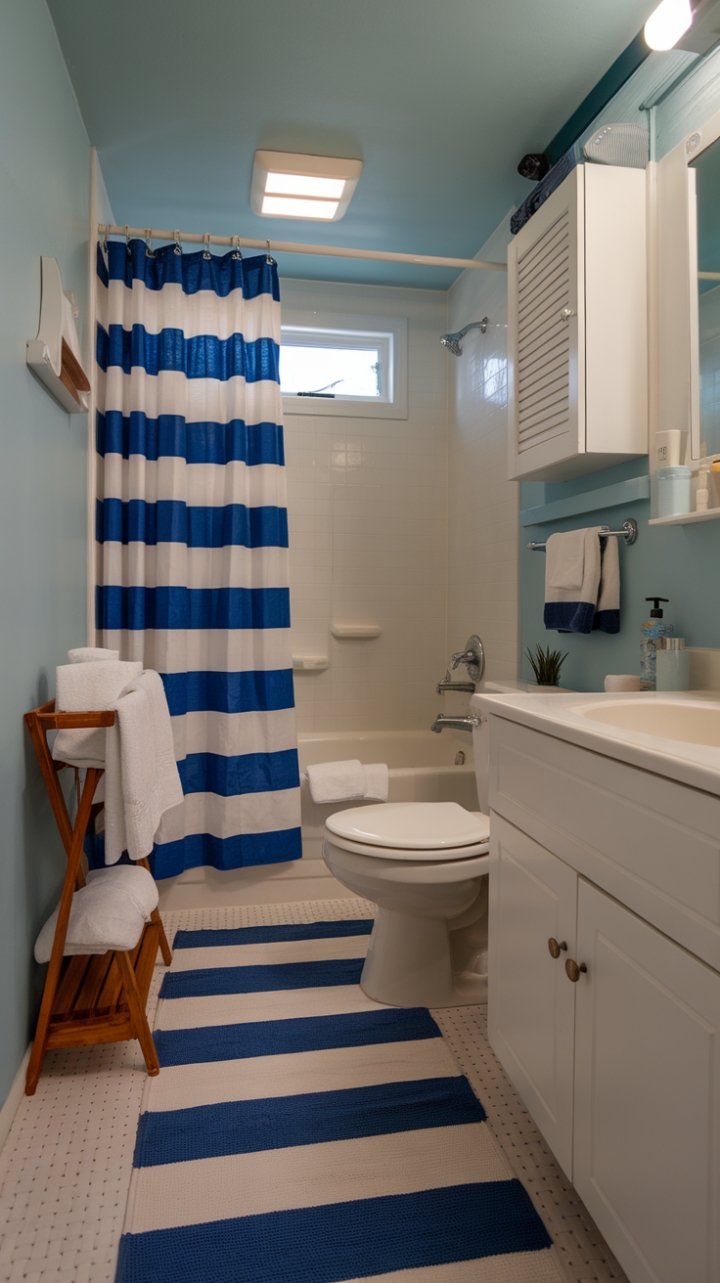 Seaside Serenity: Small Nautical Bathroom with Bright Blue and Stripes